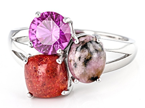 Pink Rhodonite Rhodium Over Silver 3-Stone Ring 1.36ct - CTB114B | JTV