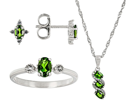 Green Chrome Diopside Rhodium Over Silver Ring, Earrings, and Pendant with Chain Set 1.59ctw