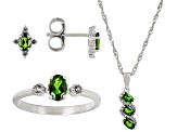Green Chrome Diopside Rhodium Over Silver Ring, Earrings, and Pendant with Chain Set 1.59ctw