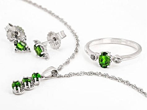 Green Chrome Diopside Rhodium Over Silver Ring, Earrings, and Pendant with Chain Set 1.59ctw
