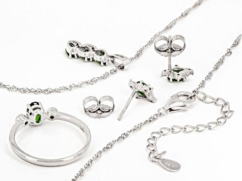 Green Chrome Diopside Rhodium Over Silver Ring, Earrings, and Pendant with Chain Set 1.59ctw