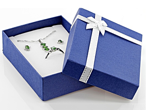 Green Chrome Diopside Rhodium Over Silver Ring, Earrings, and Pendant with Chain Set 1.59ctw