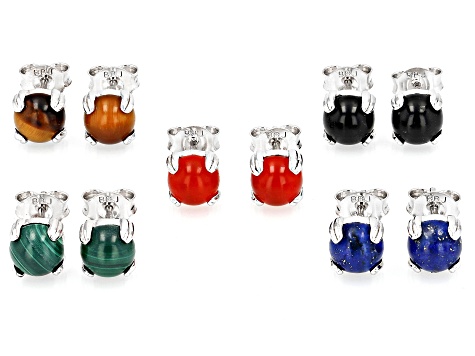Multi-Color Multi-Gem Platinum Over Sterling Silver Set of 5 Earrings Box Set