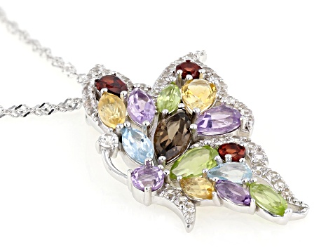 Multicolor Multi-Gem Rhodium Over Sterling Silver Butterfly Pendant With Chain 4.02ctw