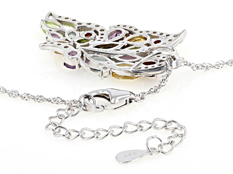 Multicolor Multi-Gem Rhodium Over Sterling Silver Butterfly Pendant With Chain 4.02ctw