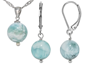 Picture of Blue Larimar Rhodium Over Sterling Silver Earrings And Pendant With Chain