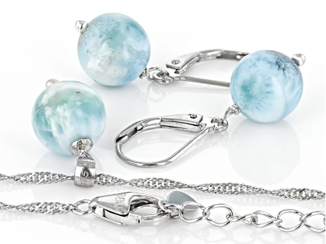Blue Larimar Rhodium Over Sterling Silver Earrings And Pendant With Chain