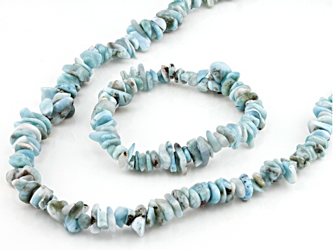 Blue Larimar Rhodium Over Sterling Silver Chip Necklace and Stackable Bracelet Set