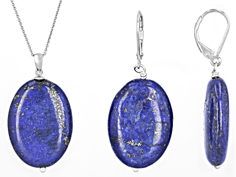 Blue Lapis Lazuli Rhodium Over Sterling Silver Earrings and Pendant with Chain Set