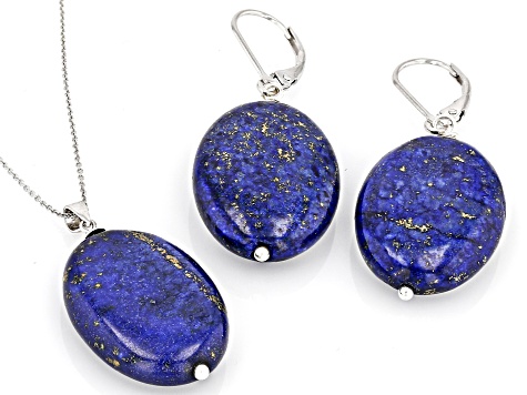 Blue Lapis Lazuli Rhodium Over Sterling Silver Earrings and Pendant with Chain Set