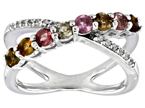 Multi Tourmaline Rhodium Over Sterling Silver Crossover Ring 0.87ctw