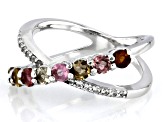 Multi Tourmaline Rhodium Over Sterling Silver Crossover Ring 0.87ctw