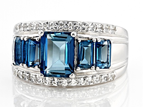 London Blue Topaz With White Topaz Rhodium Over Silver Ring 3.12ctw