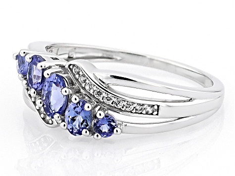 Blue Tanzanite Rhodium Over Sterling Silver Bypass Ring 0.72ctw