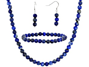 Blue Lapis Lazuli Rhodium Over Sterling Silver Earrings, Bracelet, And Necklace Set