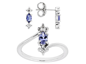 Picture of Blue Tanzanite Rhodium Over Silver Ring, Earrings Set 1.13ctw
