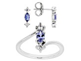 Blue Tanzanite Rhodium Over Silver Ring, Earrings Set 1.13ctw