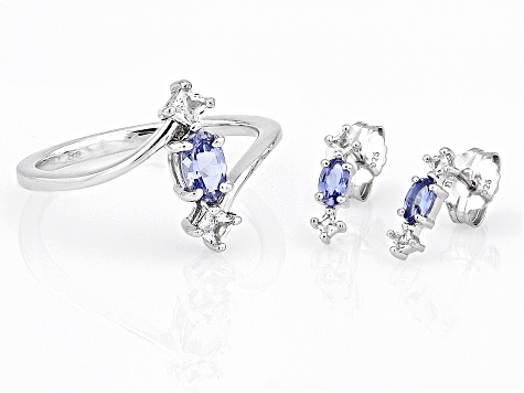 Blue Tanzanite Rhodium Over Silver Ring, Earrings Set 1.13ctw