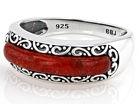 Red Coral Sterling Silver Band Ring