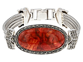 Sponge Red Coral With Marcasite Sterling Silver Bracelet