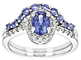 Blue Tanzanite Rhodium Over Sterling Silver Ring Set 1.24ctw