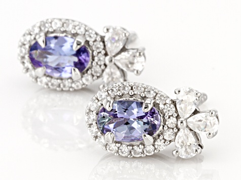 Blue Ocean Tanzanite & White Zircon Rhodium Over Silver Earrings 1.60ctw