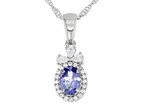 Blue Ocean Tanzanite With White Zircon Rhodium Over Sterling Silver Pendant With Chain 1.01ctw