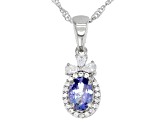 Blue Ocean Tanzanite With White Zircon Rhodium Over Sterling Silver Pendant With Chain 1.01ctw