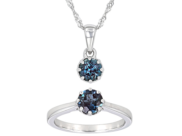 Blue Lab Alexandrite Rhodium Over Sterling Silver Ring And