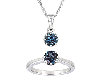 Picture of Blue Lab Alexandrite Rhodium Over Sterling Silver Ring And Pendant With Chain Set 1.98ctw