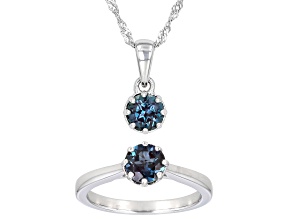 Blue Lab Alexandrite Rhodium Over Sterling Silver Ring And Pendant With Chain Set 1.98ctw