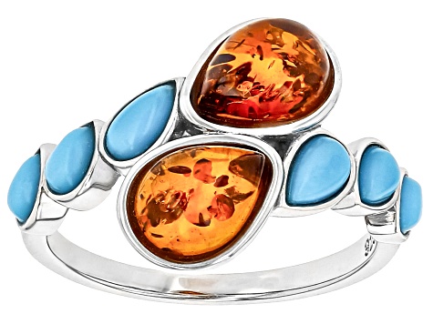 Orange Amber Rhodium Over Sterling Silver Bypass Ring