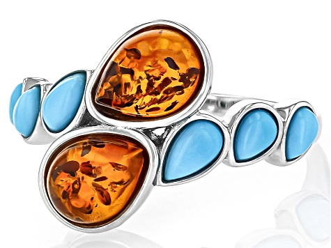 Orange Amber Rhodium Over Sterling Silver Bypass Ring