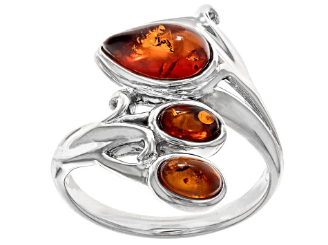 Orange Amber Rhodium Over Sterling Silver Ring