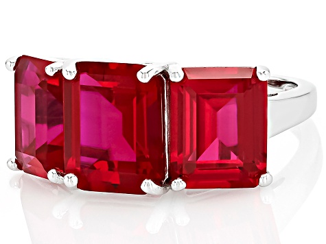 Red Lab Created Ruby Rhodium Over Sterling Silver 3-Stone Ring 12.24ctw