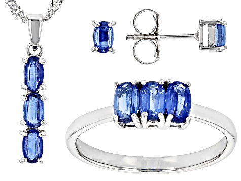 Blue Kyanite Rhodium Over Sterling Silver Ring, Earrings, Pendant With Chain Set 2.40ctw