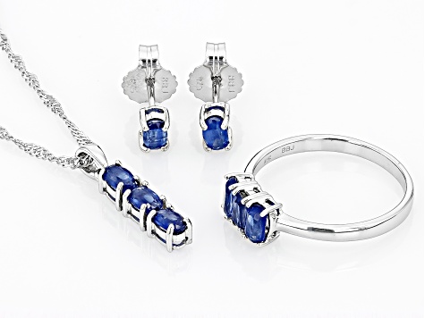 Blue Kyanite Rhodium Over Sterling Silver Ring, Earrings, Pendant With Chain Set 2.40ctw
