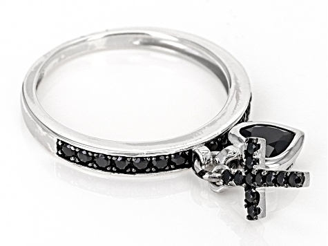 Black Spinel Rhodium Over Sterling Silver Charm Ring 0.61ctw