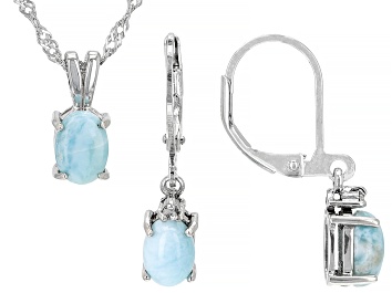 Picture of Blue Larimar Rhodium Over Sterling Silver Earrings And Pendant With Chain Set 0.03ctw