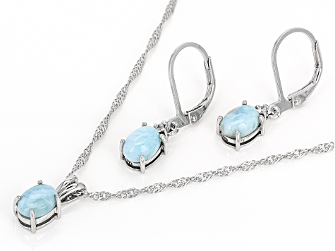 Blue Larimar Rhodium Over Sterling Silver Earrings And Pendant With Chain Set 0.03ctw