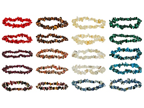 Multi-Color Assorted Gemstone Set of 20 Chips Stretch Bracelets
