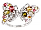 Multicolor Multi-Tourmaline Rhodium Over Sterling Silver Butterfly Ring 2.08ctw