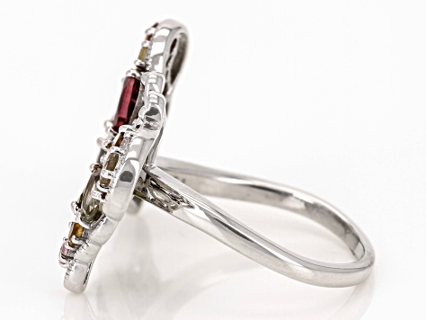 Multicolor Multi-Tourmaline Rhodium Over Sterling Silver Butterfly Ring 2.08ctw