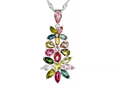 Multicolor Multi-Tourmaline Rhodium Over Sterling Silver Pendant With Chain 2.04ctw