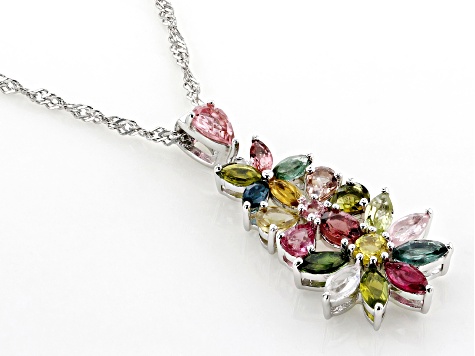 Multicolor Multi-Tourmaline Rhodium Over Sterling Silver Pendant With Chain 2.04ctw