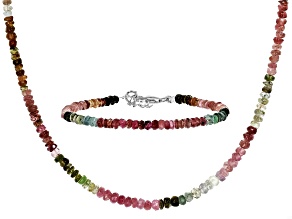 Multicolor Multi-Tourmaline Rhodium Over Sterling Silver Necklace And Bracelet Set