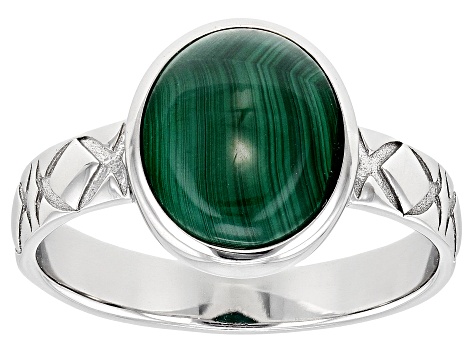 Green Malachite Rhodium Over Sterling Silver Solitaire Ring