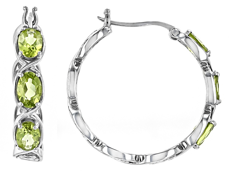 Green Peridot Rhodium Over Sterling Silver Hoop Earrings 2.40ctw