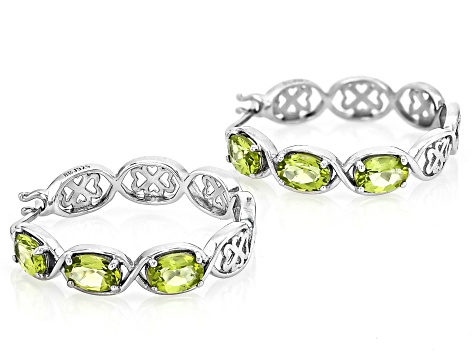 Green Peridot Rhodium Over Sterling Silver Hoop Earrings