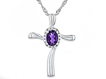 Picture of Purple African Amethyst Rhodium Over Sterling Silver Cross Pendant With Chain 0.79ctw